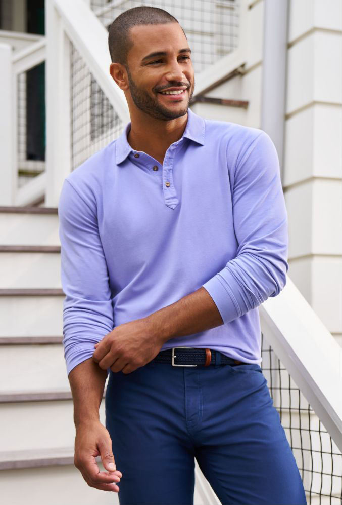 Model wearing Lava Wash Long Sleeve Polo